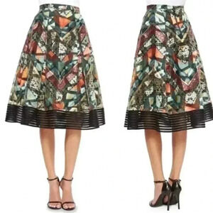 SACHIN & BABI Tribal Print Organza A-Line Full Skirt 0 XS tulle Zahara Green